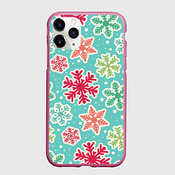Чехол iPhone 11 Pro матовый Весёлые снежинки, цвет: 3D-малиновый