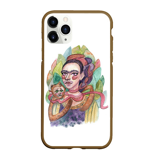 Чехол iPhone 11 Pro матовый Фрида с капуцином / 3D-Коричневый – фото 1