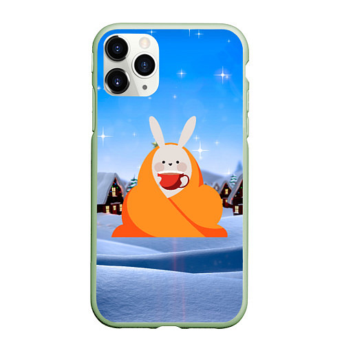 Чехол iPhone 11 Pro матовый Заяц согревается под пледом / 3D-Салатовый – фото 1