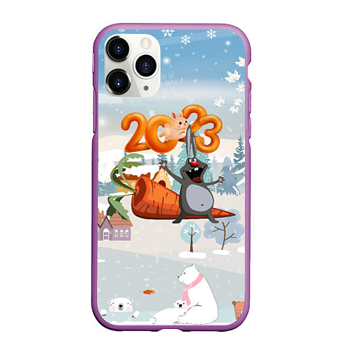 Чехол iPhone 11 Pro матовый Заяц с большой морковью / 3D-Фиолетовый – фото 1
