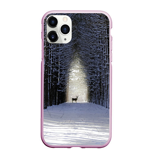 Чехол iPhone 11 Pro матовый Олень в зимнем лесу / 3D-Розовый – фото 1
