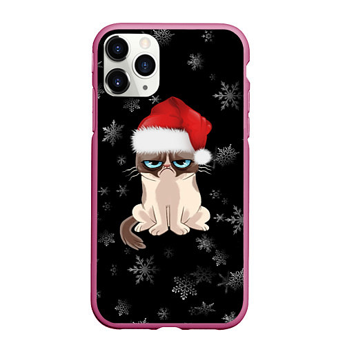 Чехол iPhone 11 Pro матовый Грустный кот новый год / 3D-Малиновый – фото 1
