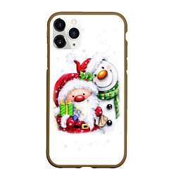Чехол iPhone 11 Pro матовый Дед Мороз и снеговик с подарками, цвет: 3D-коричневый