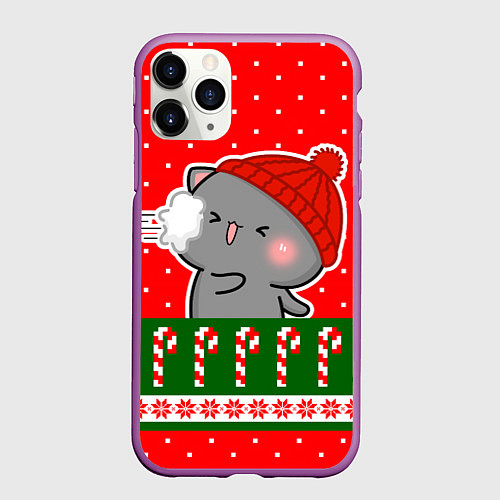 Чехол iPhone 11 Pro матовый Серый котик - играет в снежки / 3D-Фиолетовый – фото 1