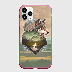 Чехол iPhone 11 Pro матовый Портрет волка в технике двойной экспозиции, цвет: 3D-малиновый