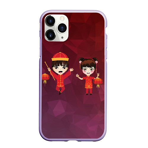 Чехол iPhone 11 Pro матовый Аниме мальчик и девочка празднуют китайский новый / 3D-Светло-сиреневый – фото 1