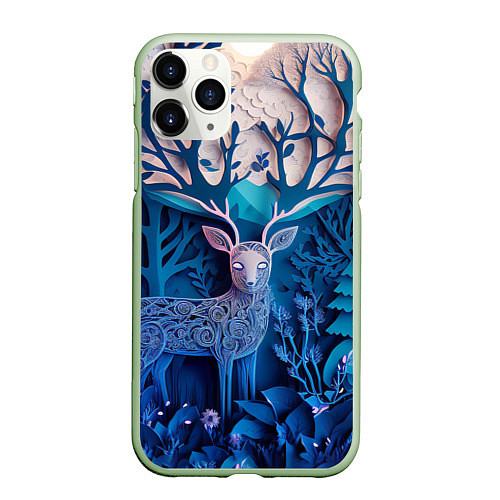Чехол iPhone 11 Pro матовый Объемная иллюстрация из бумаги лес и олень на сине / 3D-Салатовый – фото 1