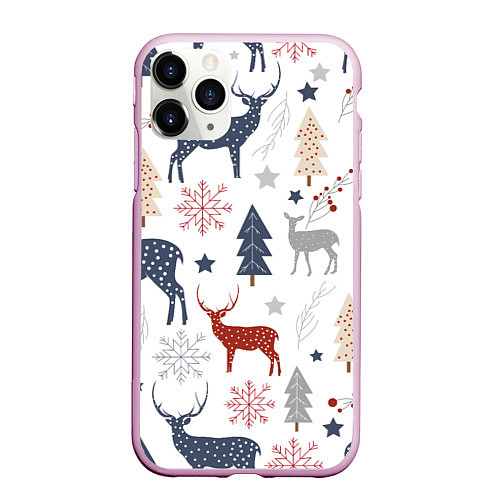 Чехол iPhone 11 Pro матовый Олени в новогоднем лесу / 3D-Розовый – фото 1