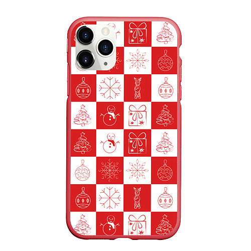 Чехол iPhone 11 Pro матовый Красно-белые квадраты с шариками и снежинками / 3D-Красный – фото 1