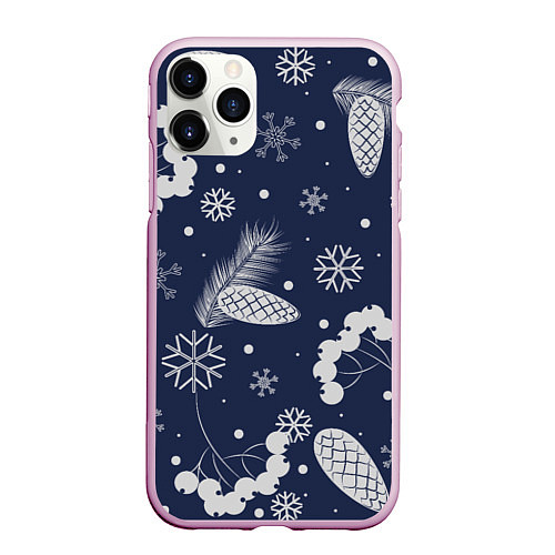 Чехол iPhone 11 Pro матовый Зимние ягоды и шишки на синем фоне / 3D-Розовый – фото 1