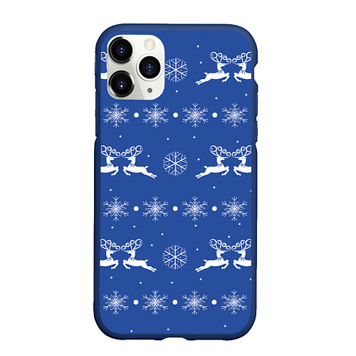 Чехол iPhone 11 Pro матовый Белые олени со снежинками на синем фоне / 3D-Тёмно-синий – фото 1
