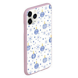 Чехол iPhone 11 Pro матовый Голубые новогодние шарики со снежинками, цвет: 3D-розовый — фото 2