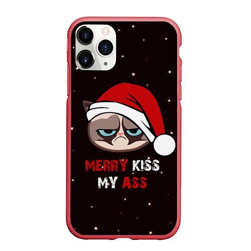 Чехол iPhone 11 Pro матовый Новогодний кот мем - грубиян / 3D-Красный – фото 1