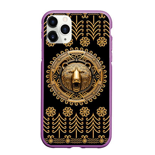Чехол iPhone 11 Pro матовый Медведь золотой барельеф с этническим орнаментом / 3D-Фиолетовый – фото 1