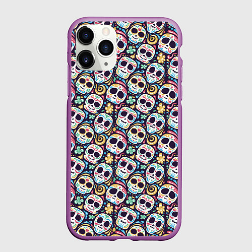 Чехол iPhone 11 Pro матовый Черепа с рисунками / 3D-Фиолетовый – фото 1