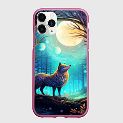 Чехол iPhone 11 Pro матовый Волк в ночном лесу в folk art стиле, цвет: 3D-малиновый