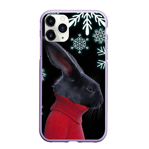 Чехол iPhone 11 Pro матовый Зимний кролик в свитере / 3D-Светло-сиреневый – фото 1