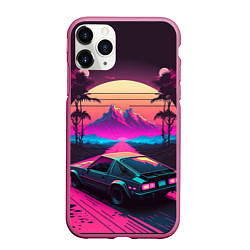Чехол iPhone 11 Pro матовый Synthwave car and mountains, цвет: 3D-малиновый