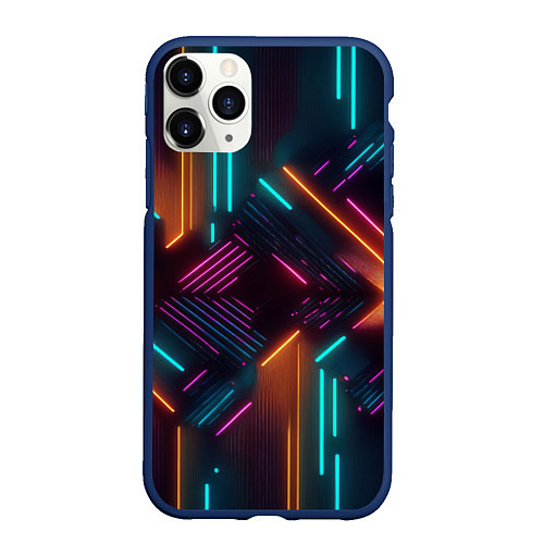 Чехол iPhone 11 Pro матовый Хаос неоновых линий / 3D-Тёмно-синий – фото 1