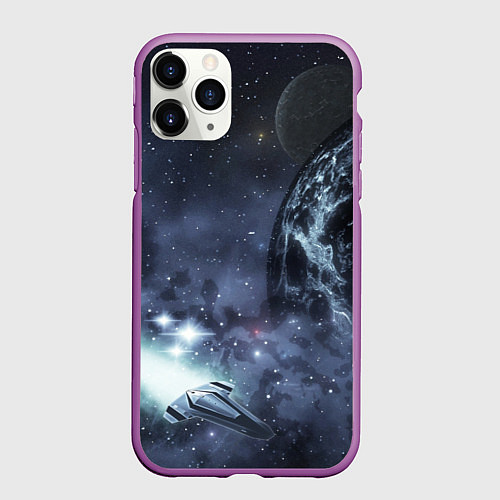 Чехол iPhone 11 Pro матовый Космос, планета и корабль / 3D-Фиолетовый – фото 1