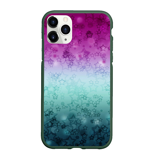 Чехол iPhone 11 Pro матовый Градиентный узор звезды розово-бирюзовый / 3D-Темно-зеленый – фото 1