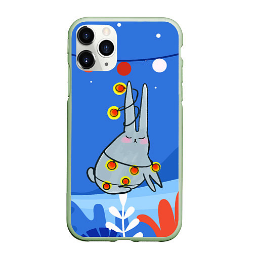 Чехол iPhone 11 Pro матовый Зайчик в гирлянде / 3D-Салатовый – фото 1