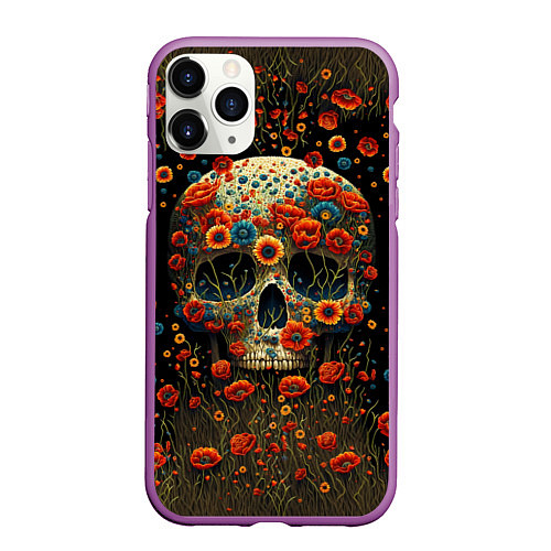 Чехол iPhone 11 Pro матовый Череп украшенный цветущими маками / 3D-Фиолетовый – фото 1