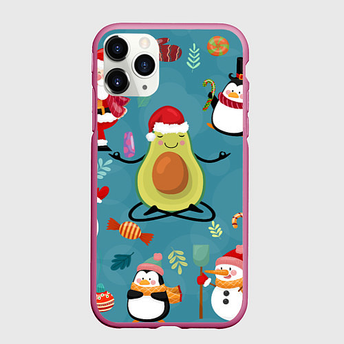 Чехол iPhone 11 Pro матовый Новогодний авокадо / 3D-Малиновый – фото 1