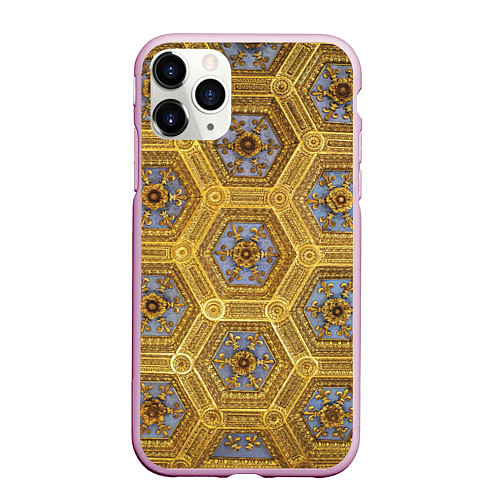 Чехол iPhone 11 Pro матовый Золотистый паттерн с цветами и серыми ромбами / 3D-Розовый – фото 1