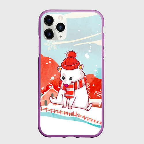 Чехол iPhone 11 Pro матовый Белый мишка новый год / 3D-Фиолетовый – фото 1