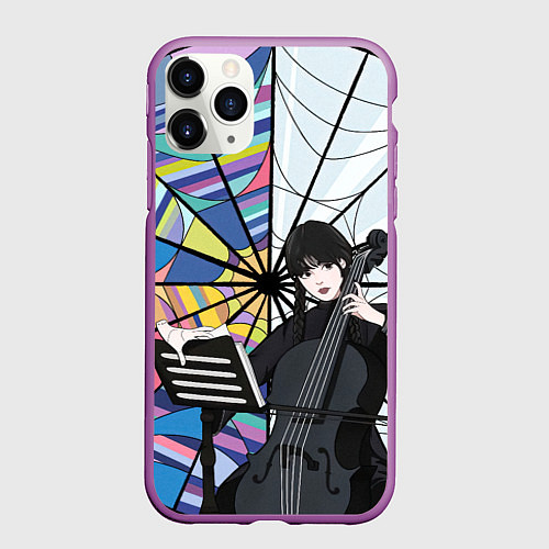 Чехол iPhone 11 Pro матовый Уэнсдэй играет на виолончели на фоне окна / 3D-Фиолетовый – фото 1