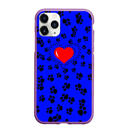 Чехол iPhone 11 Pro матовый Сердце и следы пушистых / 3D-Фиолетовый – фото 1