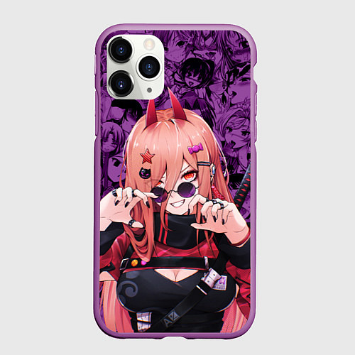 Чехол iPhone 11 Pro матовый Человек - бензопила Пауэр и фиолетовый ахегао / 3D-Фиолетовый – фото 1