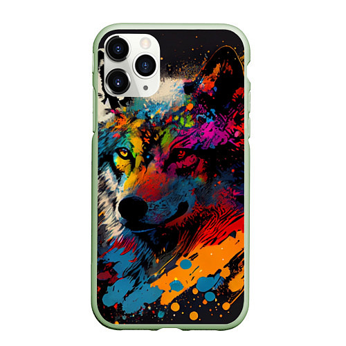 Чехол iPhone 11 Pro матовый Волк, яркие цвета / 3D-Салатовый – фото 1