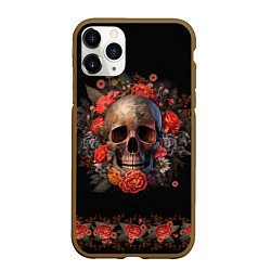 Чехол iPhone 11 Pro матовый Череп украшенный цветами, цвет: 3D-коричневый