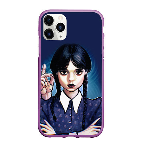 Чехол iPhone 11 Pro матовый Дочь Аддамсов - Уэнсдэй с рукой / 3D-Фиолетовый – фото 1