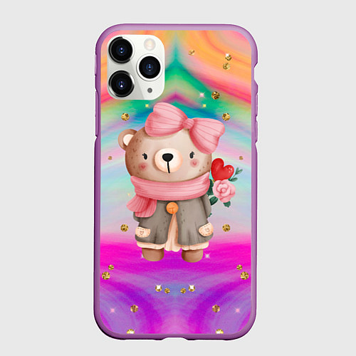 Чехол iPhone 11 Pro матовый Мишка с сердечком и цветком / 3D-Фиолетовый – фото 1
