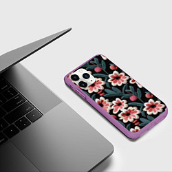 Чехол iPhone 11 Pro матовый Эффект вышивки цветы, цвет: 3D-фиолетовый — фото 2