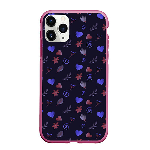 Чехол iPhone 11 Pro матовый Паттерн с сердечками и цветами / 3D-Малиновый – фото 1
