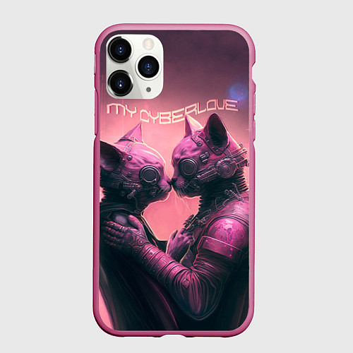 Чехол iPhone 11 Pro матовый Влюбленные кибер-котики / 3D-Малиновый – фото 1