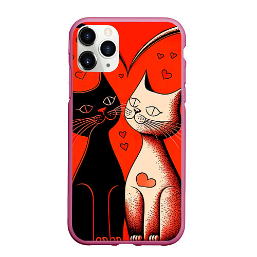 Чехол iPhone 11 Pro матовый Влюблённые кошки на красном фоне / 3D-Малиновый – фото 1