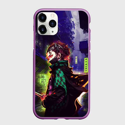 Чехол iPhone 11 Pro матовый Клинок, рассекающий демонов - Киберпанк / 3D-Фиолетовый – фото 1