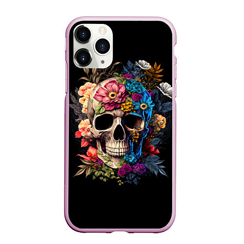 Чехол iPhone 11 Pro матовый Череп c растениями и цветами / 3D-Розовый – фото 1