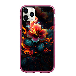 Чехол iPhone 11 Pro матовый Огненный цветок на темном фоне