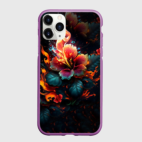 Чехол iPhone 11 Pro матовый Огненный цветок на темном фоне / 3D-Фиолетовый – фото 1