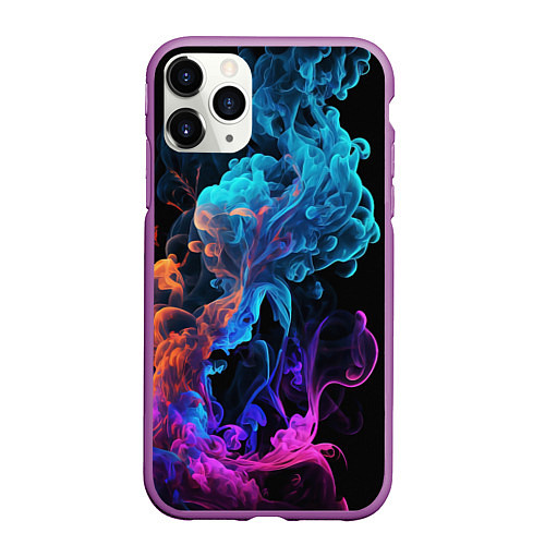 Чехол iPhone 11 Pro матовый Неоновый цветной дым на черном фоне / 3D-Фиолетовый – фото 1
