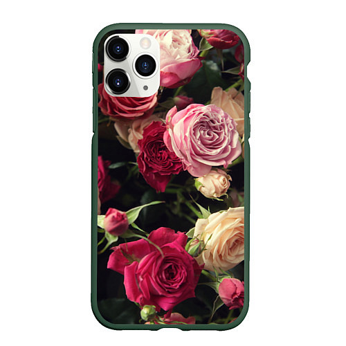 Чехол iPhone 11 Pro матовый Нежные кустовые розы / 3D-Темно-зеленый – фото 1