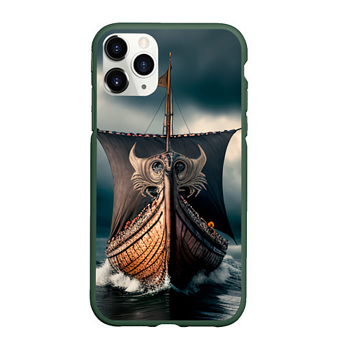 Чехол iPhone 11 Pro матовый Корабль в бушующем море / 3D-Темно-зеленый – фото 1