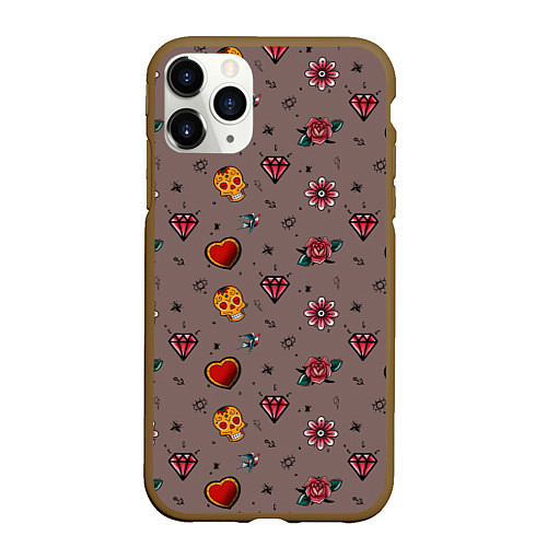 Чехол iPhone 11 Pro матовый Паттерн с татуировками в стиле олдскул / 3D-Коричневый – фото 1