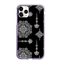 Чехол iPhone 11 Pro матовый Паттерн с орнаментом мандалы на черном фоне, цвет: 3D-светло-сиреневый